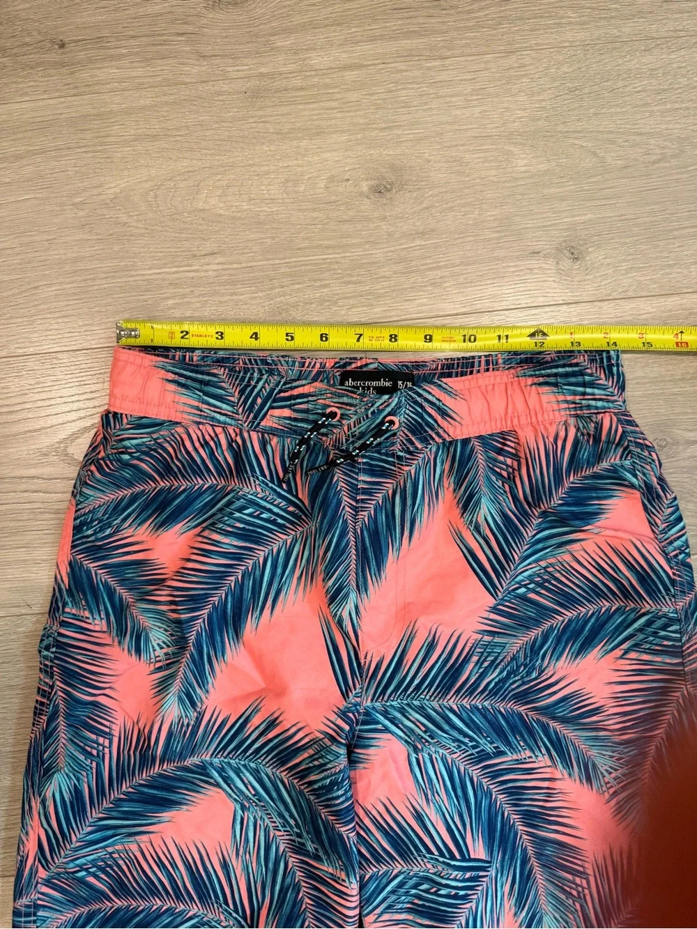 abercrombie kids Coral and Teal Palm-Print Swim Trunks